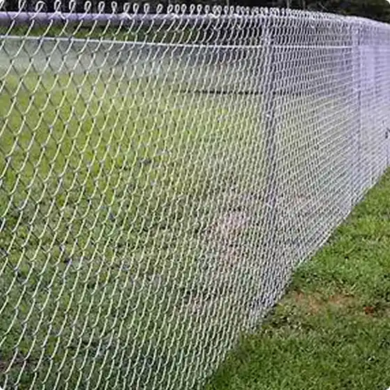 A close-up, angled view of a chain-link fence bordering a bright green lawn, with sunlight highlighting the top rail.