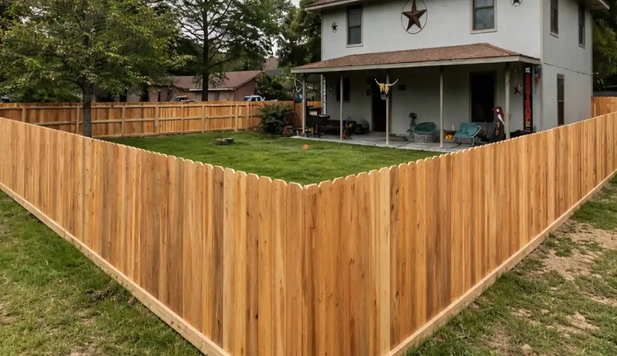 A wide-angle view of a newly installed wooden privacy fence with dog-ear pickets enclosing a large grassy backyard of a two-story home, featuring a clean horizontal plinth board along the bottom.