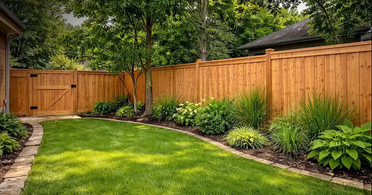 A view of a beautifully landscaped backyard featuring a tall wooden privacy fence with a matching gate, a lush green lawn bordered by a stone edge, and vibrant garden beds filled with ornamental grasses and hostas.