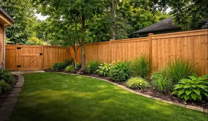 A view of a beautifully landscaped backyard featuring a tall wooden privacy fence with a matching gate, a lush green lawn bordered by a stone edge, and vibrant garden beds filled with ornamental grasses and hostas.